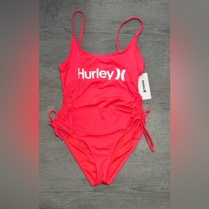 Hurley neon pink logo tie cinch and adjustable straps one piece swimsuit size M
